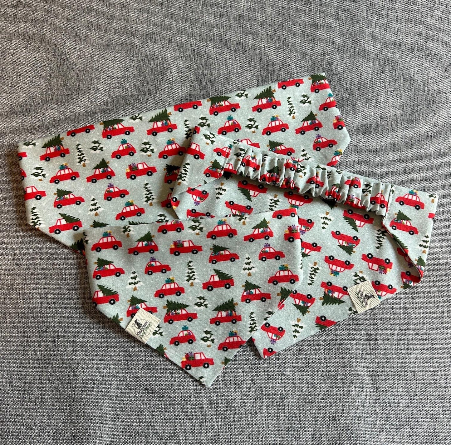 Red Truck Christmas Tree Scrunchie Dog Bandana, Holiday Pet Accessories