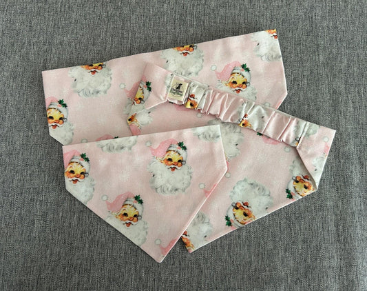 Pink Vintage Santa Scrunchie Dog Bandana, Christmas Holiday Pet Accessories