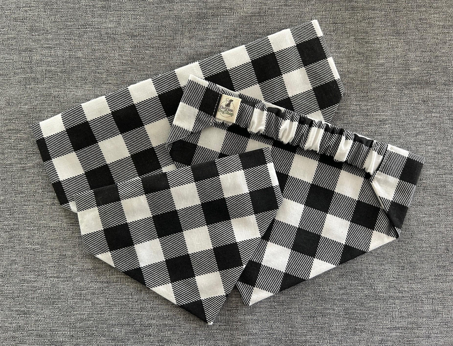 Buffalo Plaid Scrunchie Dog Bandana, Black and White Pet Accessories