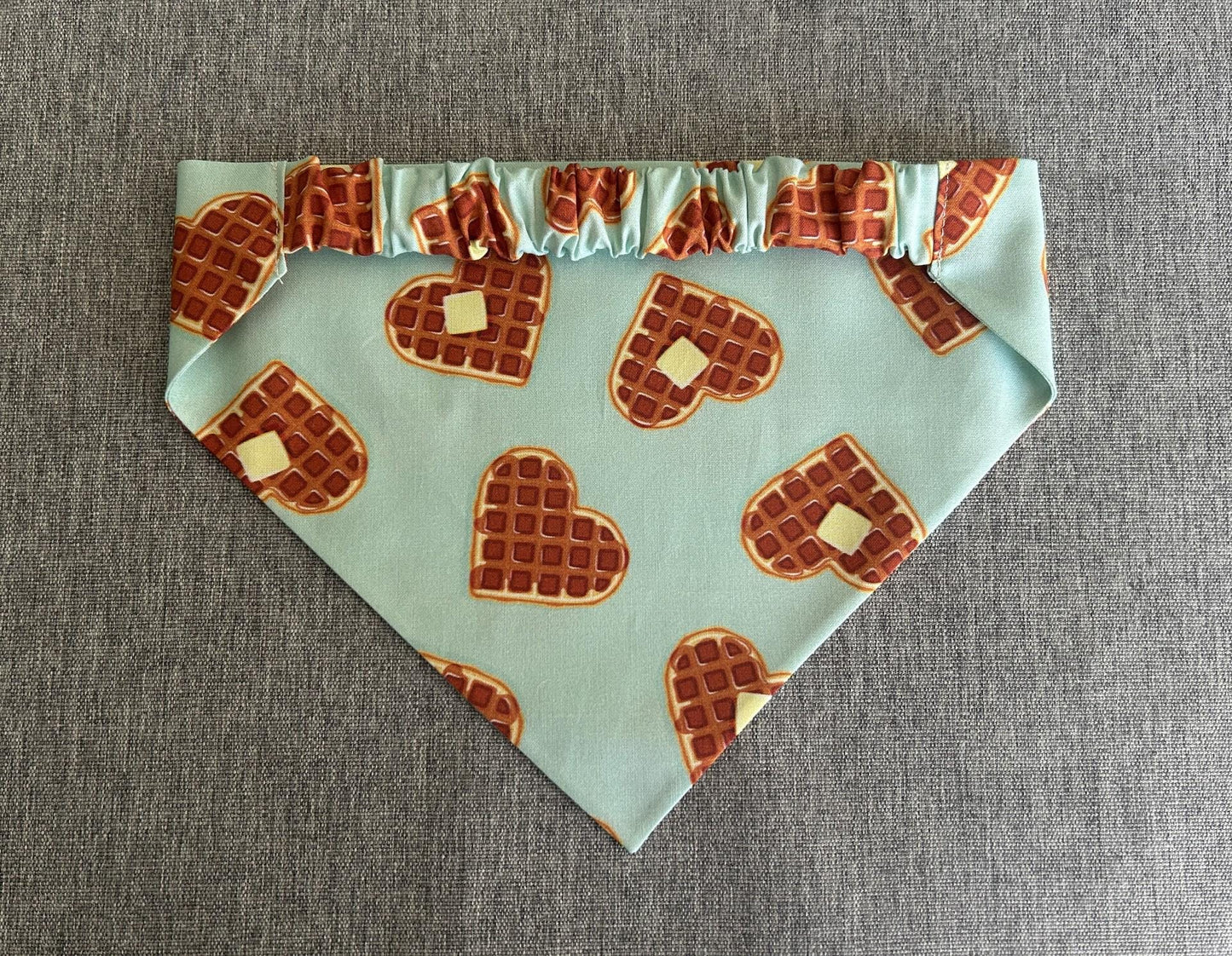 Waffle Scrunchie Dog Bandana, Heart Shaped Waffles on Blue, Valentine's Day Pet Accessories