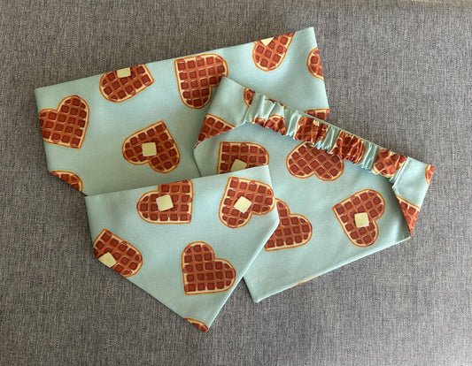 Waffle Scrunchie Dog Bandana, Heart Shaped Waffles on Blue, Valentine's Day Pet Accessories